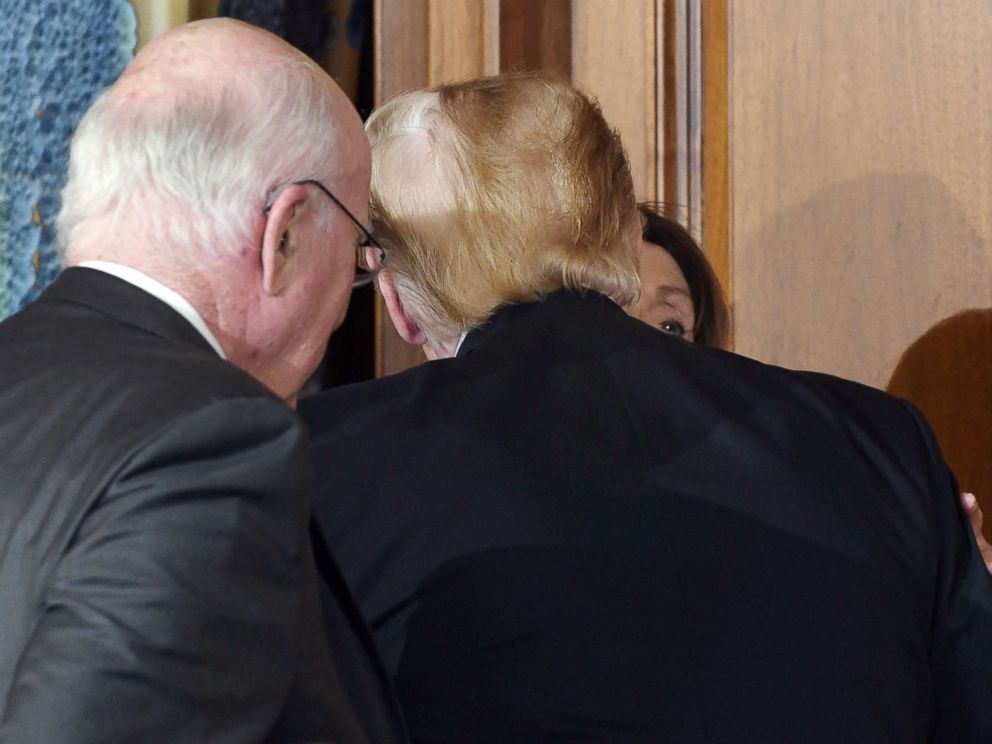 PHOTO: President Donald Trump greets Speaker of the House of Representatives Nancy Pelosi at the Friends of Ireland Luncheon at the US Capitol on March 14, 2019 in Washington.