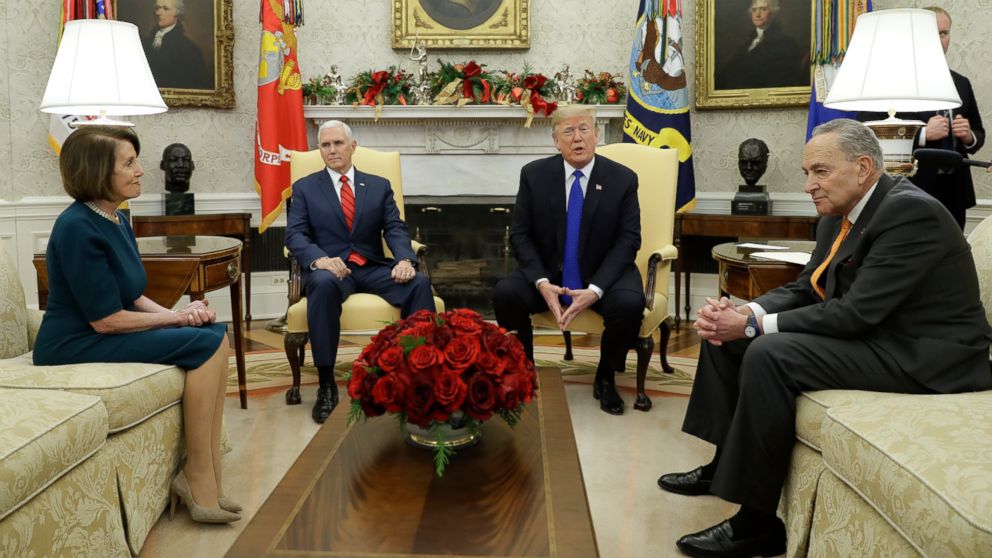 PHOTO: President Donald Trump and Vice President Mike Pence meet with Senate Minority Leader Chuck Schumer and House Minority Leader Nancy Pelosi in the Oval Office of the White House, Dec. 11, 2018, in Washington.