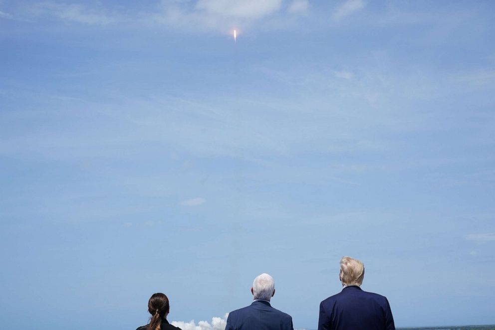 PHOTO: Karen Pence, Vice President Mike Pence and President Donald Trump watch the SpaceX launch at the Kennedy Space Center in Florida on May 30, 2020.