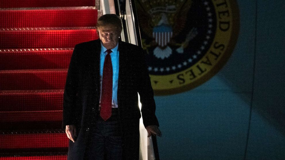 PHOTO: President Donald Trump exits Air Force One on Wednesday, Jan. 22, 2020, at Andrews Air Force Base, Md., after returning from the World Economic Forum in Davos, Switzerland.