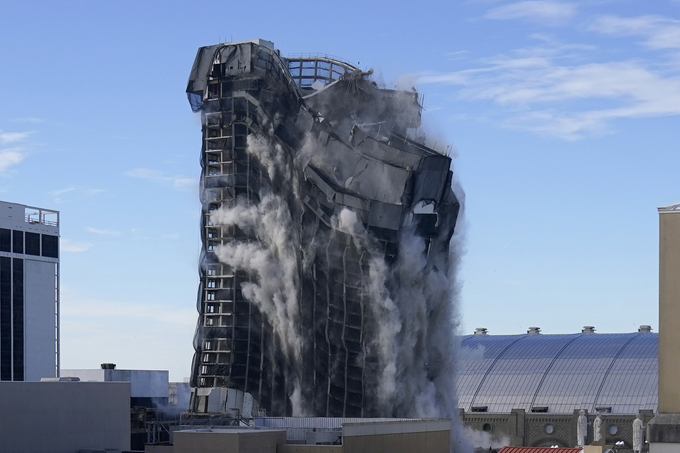 PHOTO: The former Trump Plaza casino is imploded, Feb. 17, 2021, in Atlantic City, N.J. 