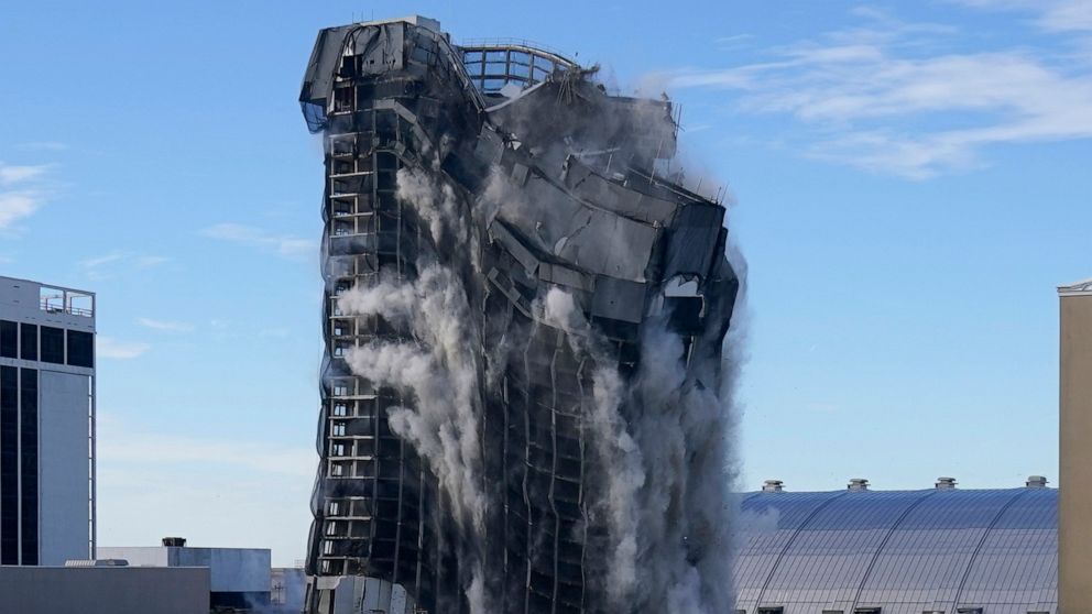 PHOTO: The former Trump Plaza casino is imploded, Feb. 17, 2021, in Atlantic City, N.J. 