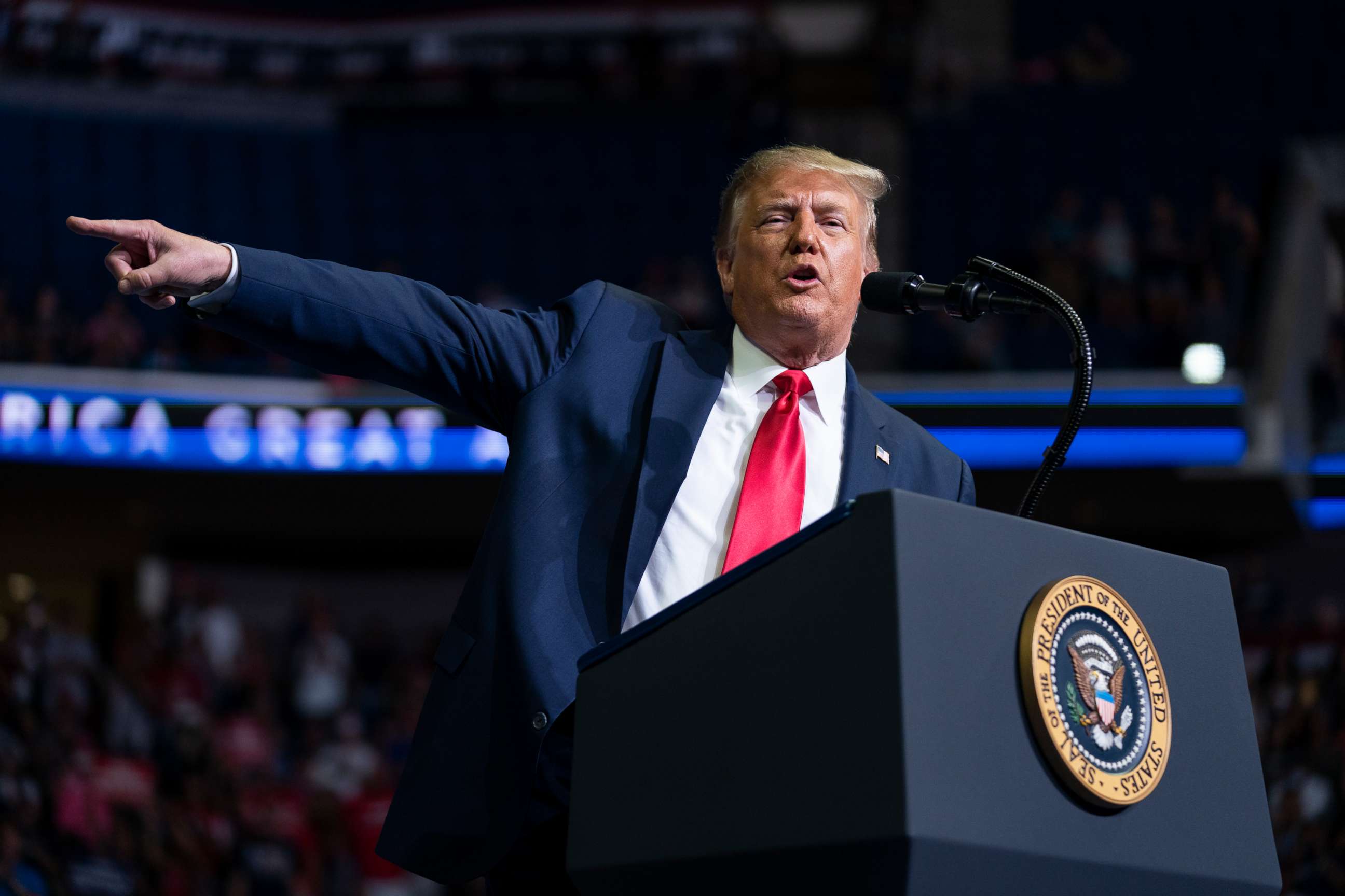 PHOTO: President Donald Trump speaks during a campaign rally at the BOK Center, Saturday, June 20, 2020, in Tulsa, Okla.