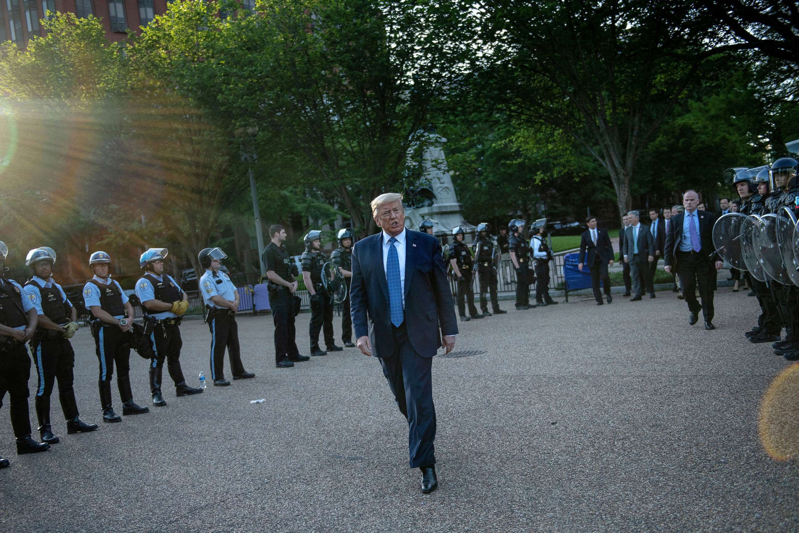 PHOTO: President Donald Trump leaves the White House on foot to go to St John's Episcopal church across Lafayette Park for a photo-op, in Washington, D.C., June 1, 2020, after police cleared the area of demonstrators.