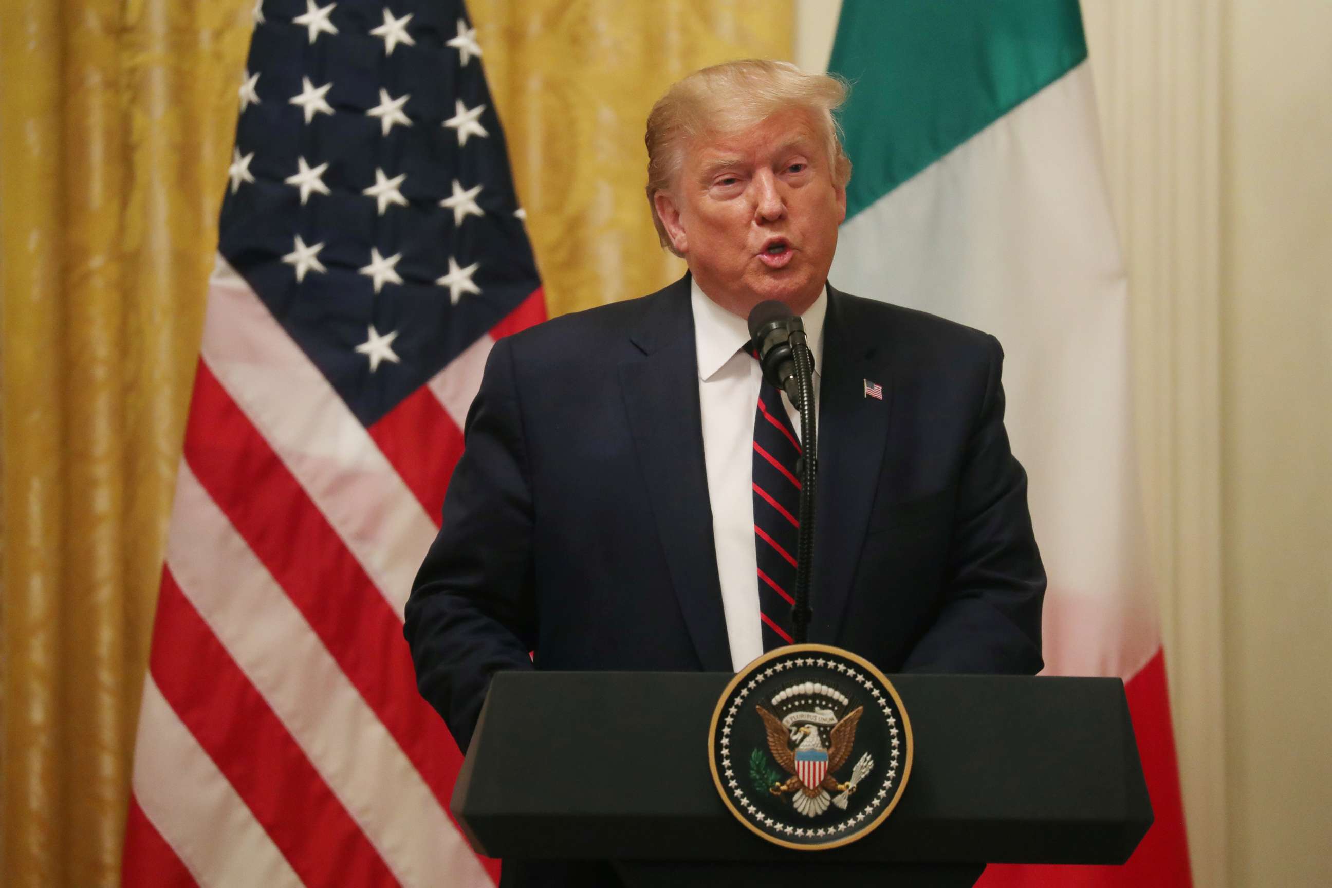 PHOTO: President Donald Trump speaks during a joint news conference with Italy's President Sergio Mattarella in the East Room of the White House in Washington, Oct. 16, 2019.