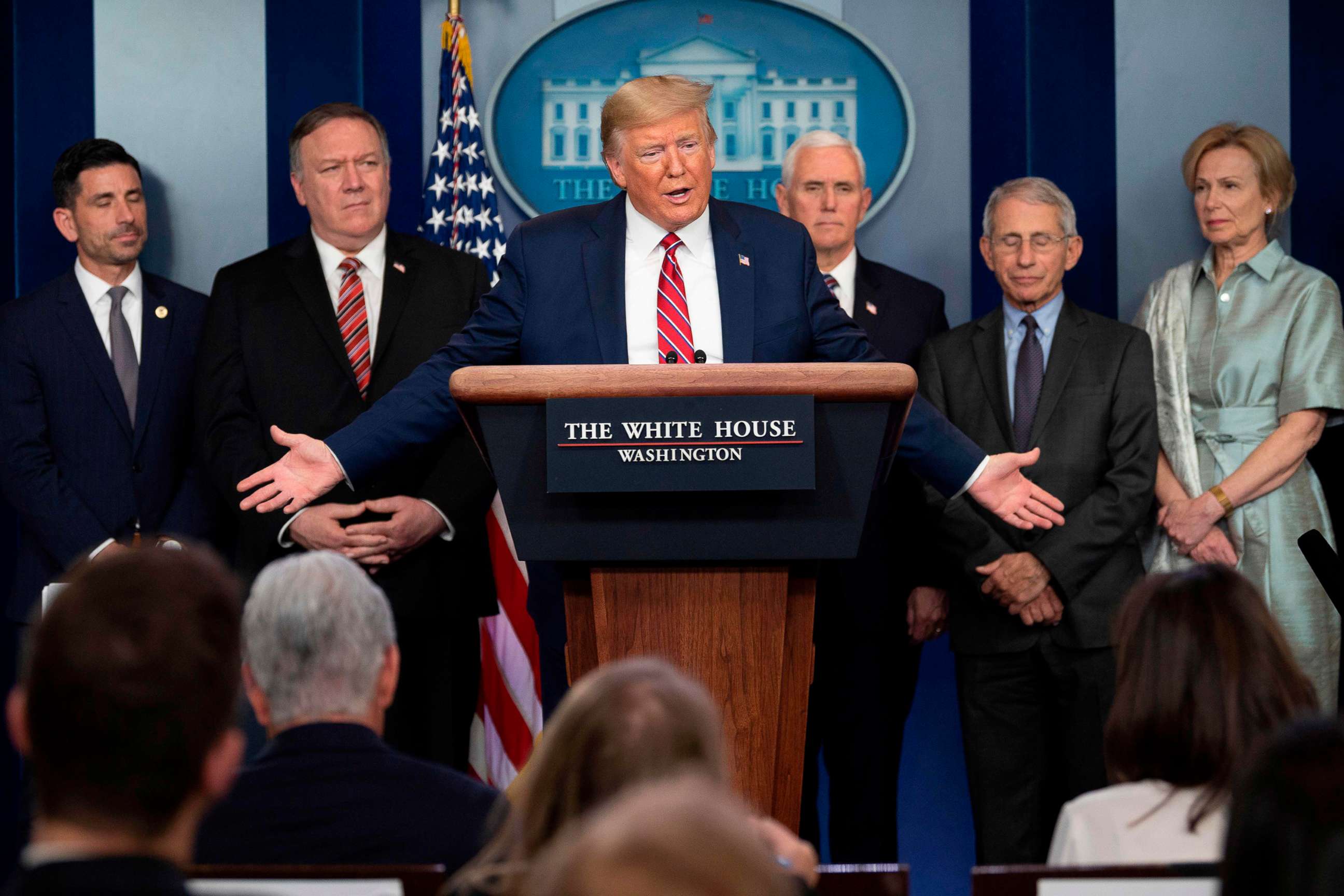 PHOTO: President Donald Trump speaks during the daily briefing on the novel coronavirus at the White House, on March 20, 2020, in Washington.
