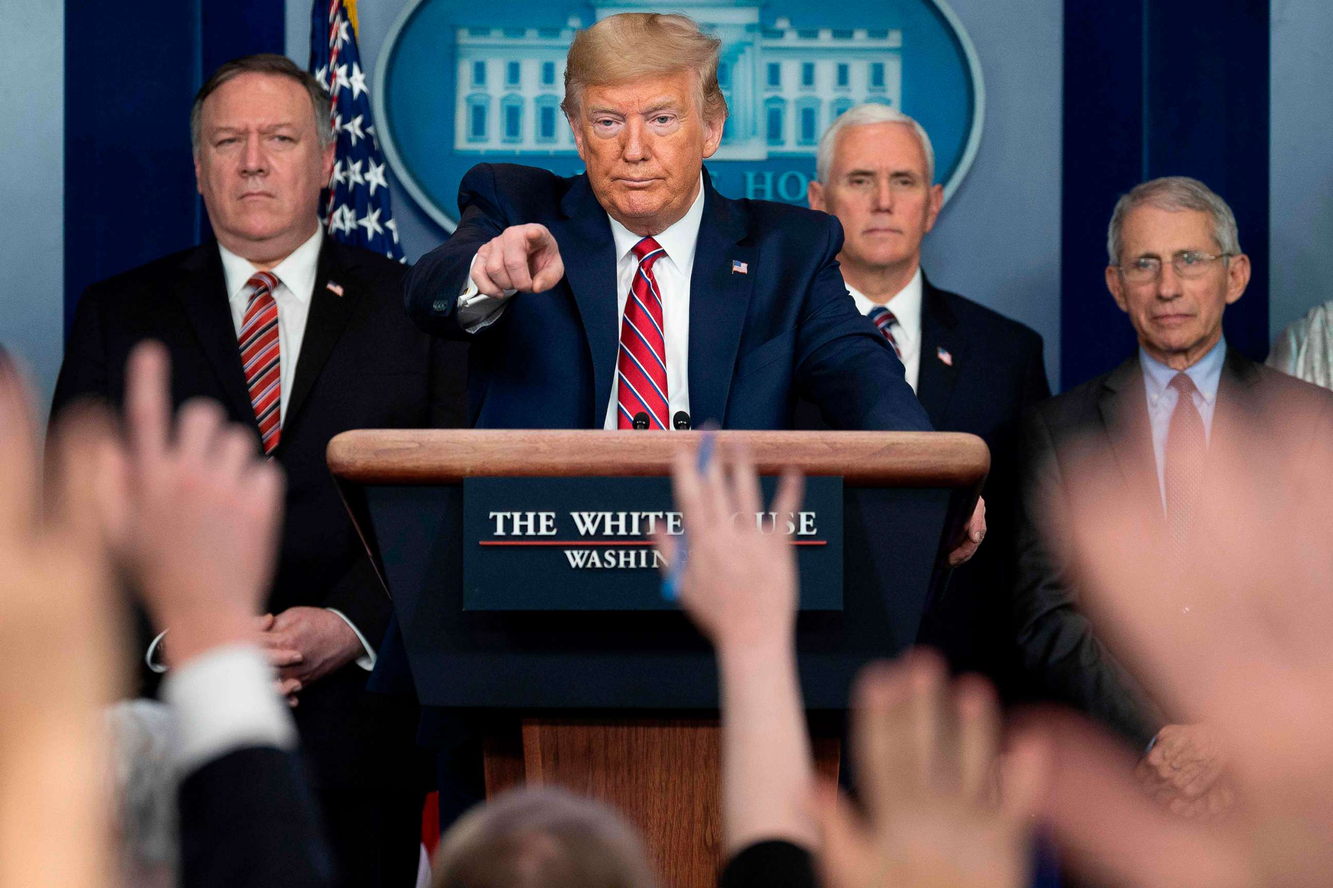 PHOTO: President Donald Trump takes a question during the daily briefing on the novel coronavirus at the White House, on March 20, 2020, in Washington.