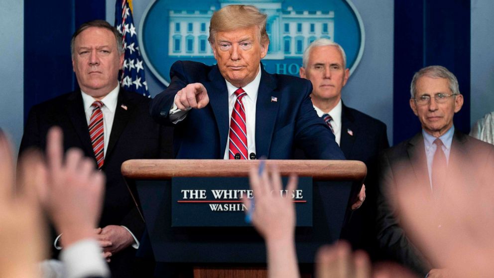 PHOTO: President Donald Trump takes a question during the daily briefing on the novel coronavirus at the White House, on March 20, 2020, in Washington.
