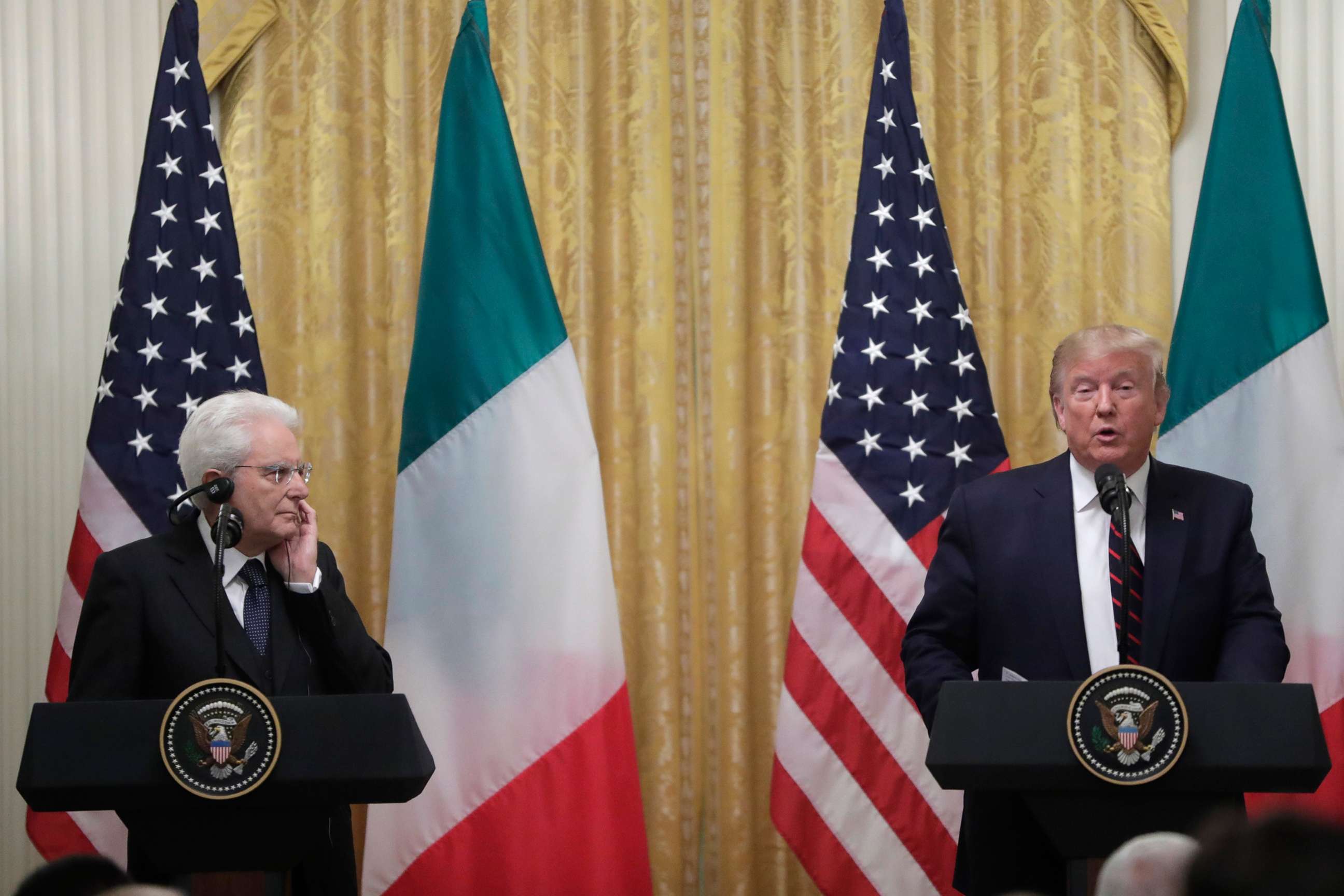 PHOTO: President Donald Trump speaks during a news conference with the Italian President Sergio Mattarella at the White House in Washington, Oct. 16, 2019.