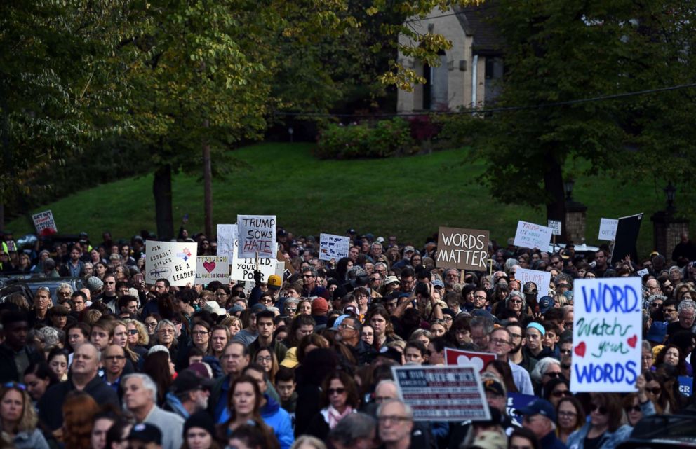 PHOTO: People protesting against President Donald Trump wait near the Tree of Life Congregation on Oct. 30, 2018 in Pittsburgh.