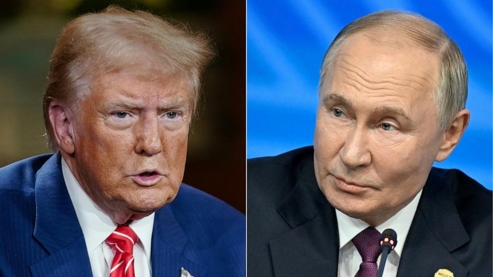 PHOTO: Former President and Republican presidential candidate Donald Trump, Oct. 15, 2024, and Russia's President Vladimir Putin, Oct. 24, 2024.