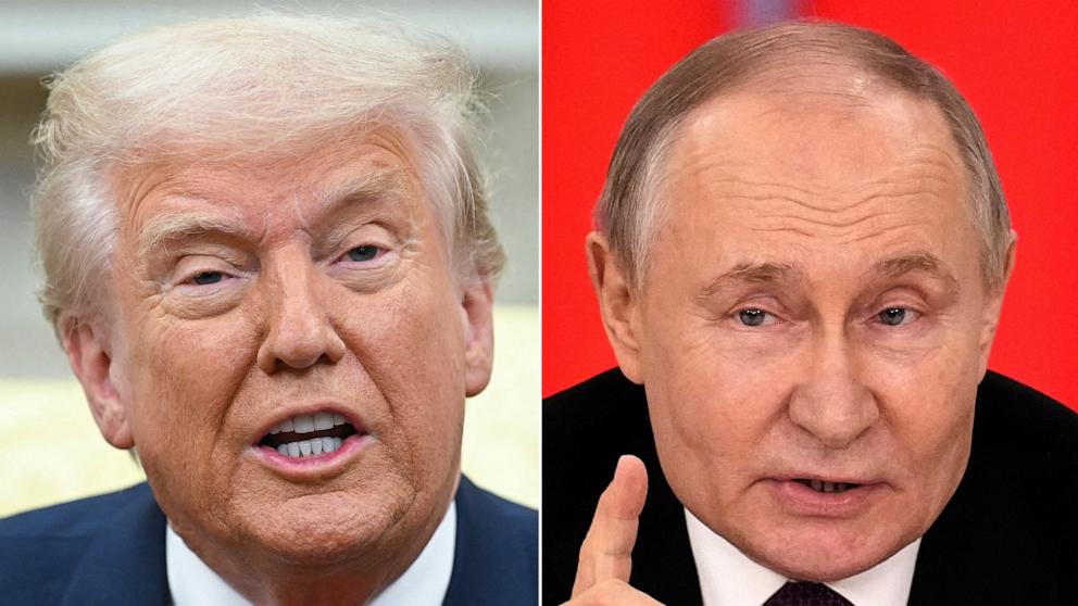 PHOTO: President Donald Trump in Washington, Mar. 13, 2025 and Russian President Vladimir Putin in Moscow, Mar. 13, 2025.