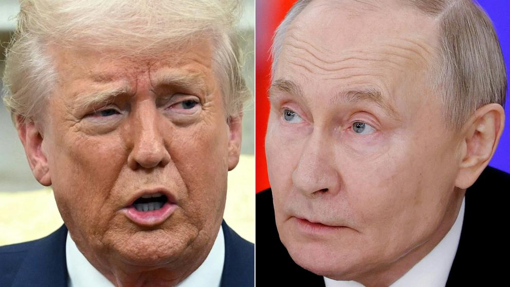 PHOTO: President Donald Trump in the Oval Office of the White House in Washington, Mar. 13, 2025 and Russia's President Vladimir Putin at the Kremlin in Moscow, Mar. 13, 2025.