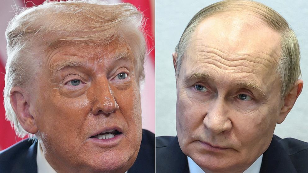 PHOTO: President Donald Trump in Turnberry, Scotland, July 28, 2025 and Russian President Vladimir Putin in Severodvinsk, Arkhangelsk region, Russia, July 24, 2025.