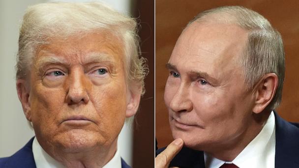 President Donald Trump in Washington, May 12, 2025 and Russian President Vladimir Putin in Krasnodar Region, Russia, May 19, 2025.