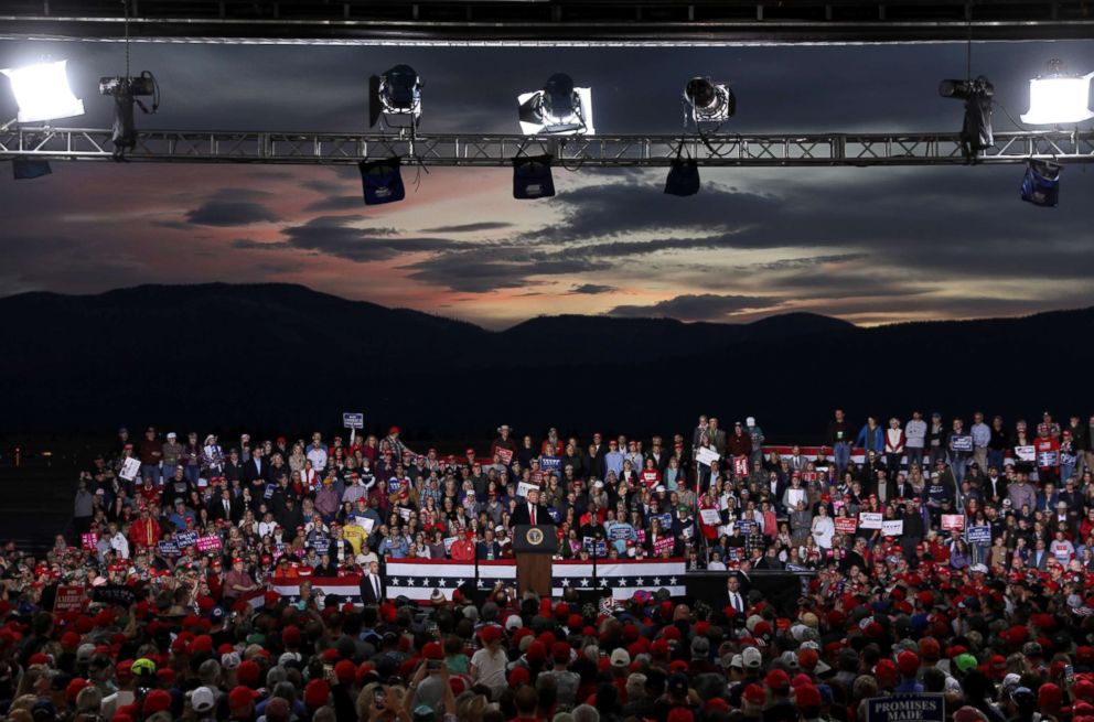 PHOTO: President Donald Trump speaks during a campaign rally at Missoula International Airport in Missoula, Mont., Oct. 18, 2018.