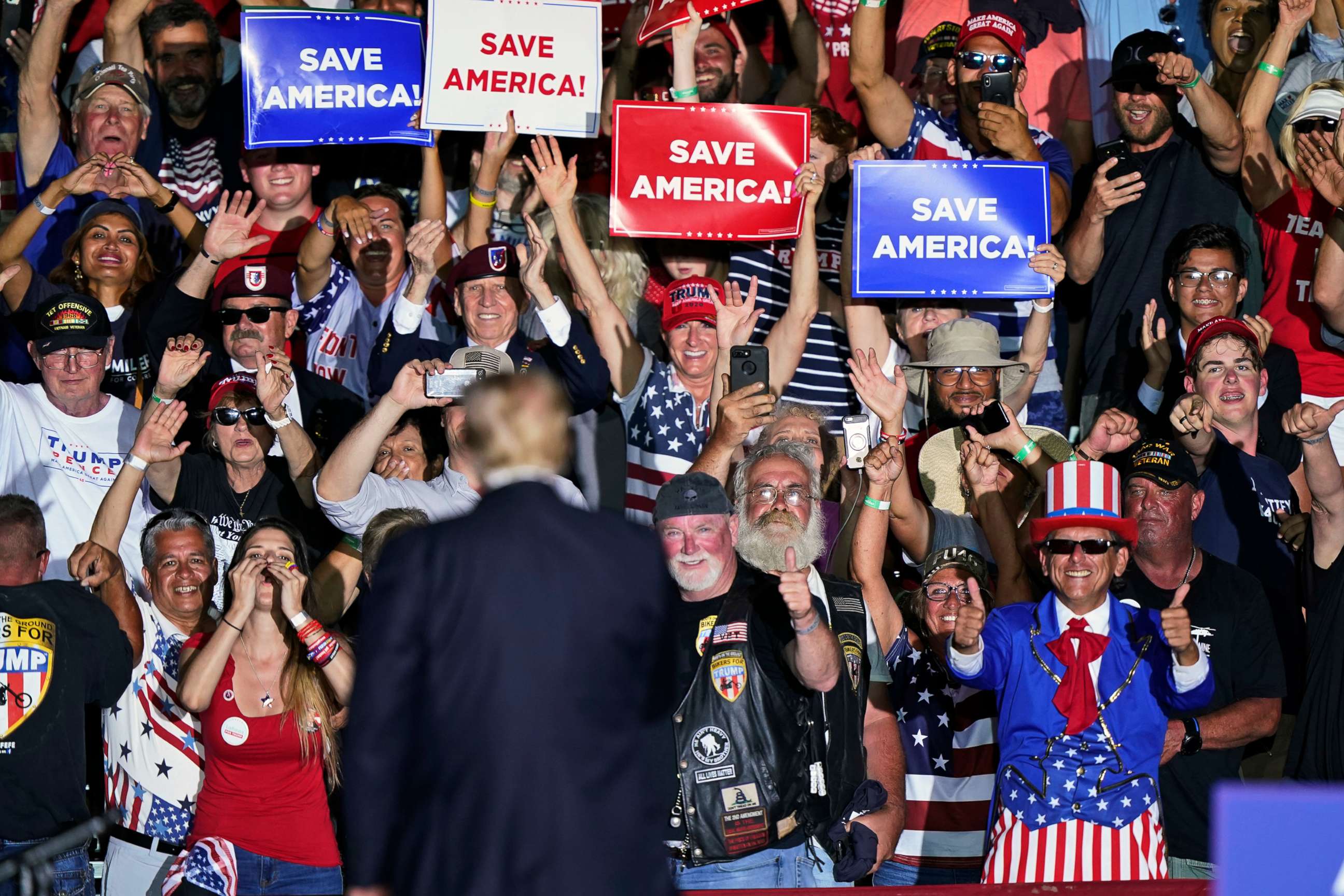 PHOTO: In this June 26, 2021, file photo, supporters cheer on former President Donald Trump after he spoke at a rally at the Lorain County Fairgrounds in Wellington, Ohio.