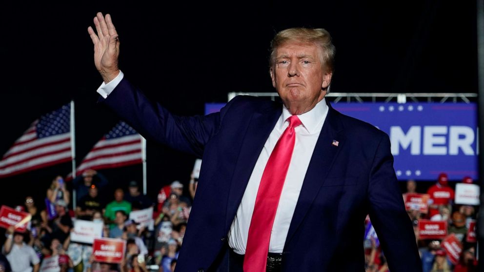 PHOTO: Former President Donald Trump arrives at a rally, on Aug. 5, 2022, in Waukesha, Wis.