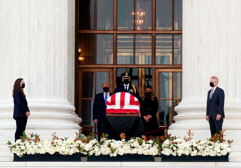PHOTO: President Donald Trump and first lady Melania Trump pay their respects to Supreme Court Justice Ruth Bader Ginsburg as she lies in repose in front of the Supreme Court in Washington, D.C, on Sept. 24, 2020.