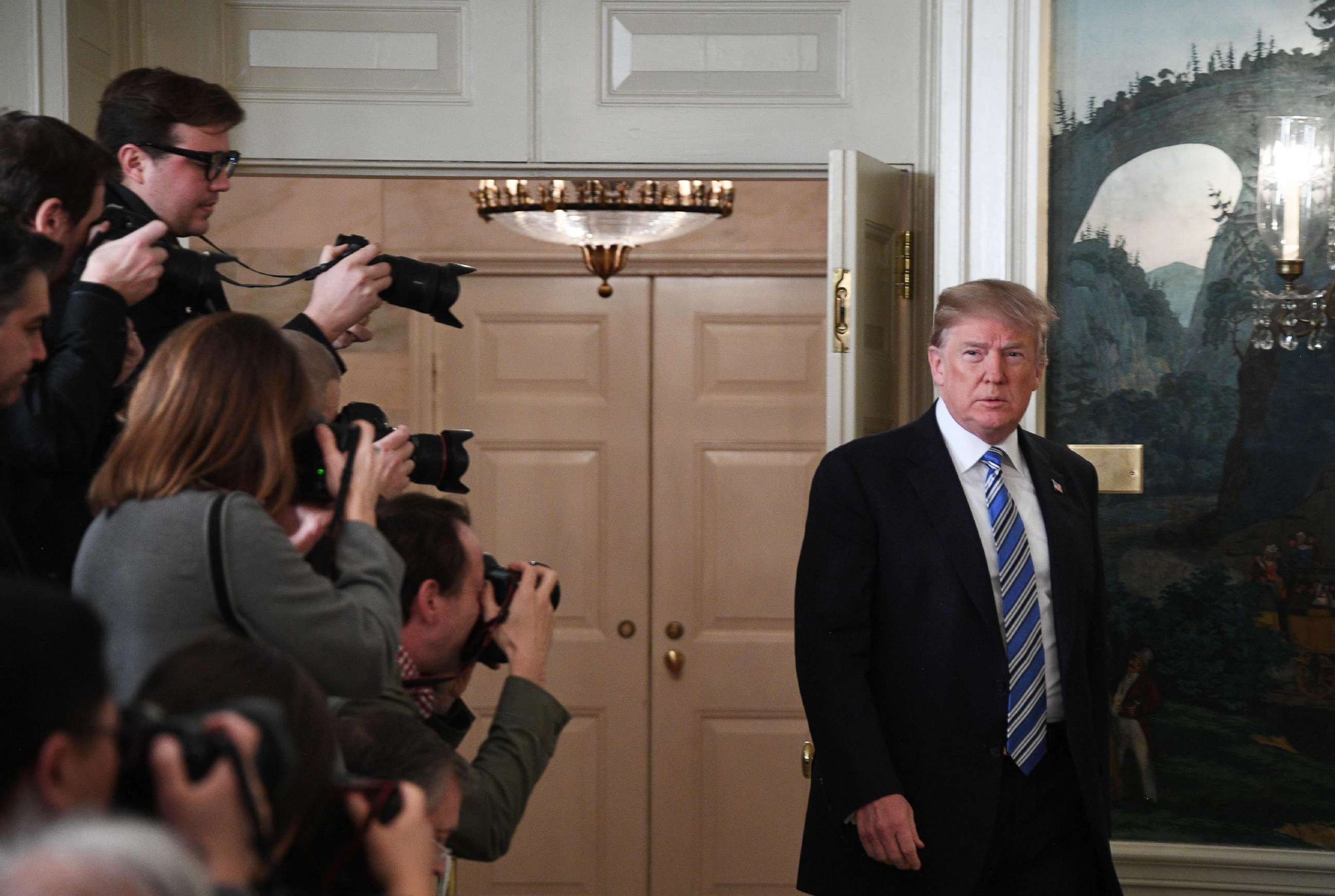 PHOTO: President Donald Trump arrives to speak on the Florida school shooting, in the Diplomatic Reception Room of the White House, Feb. 15, 2018 in Washington, D.C.