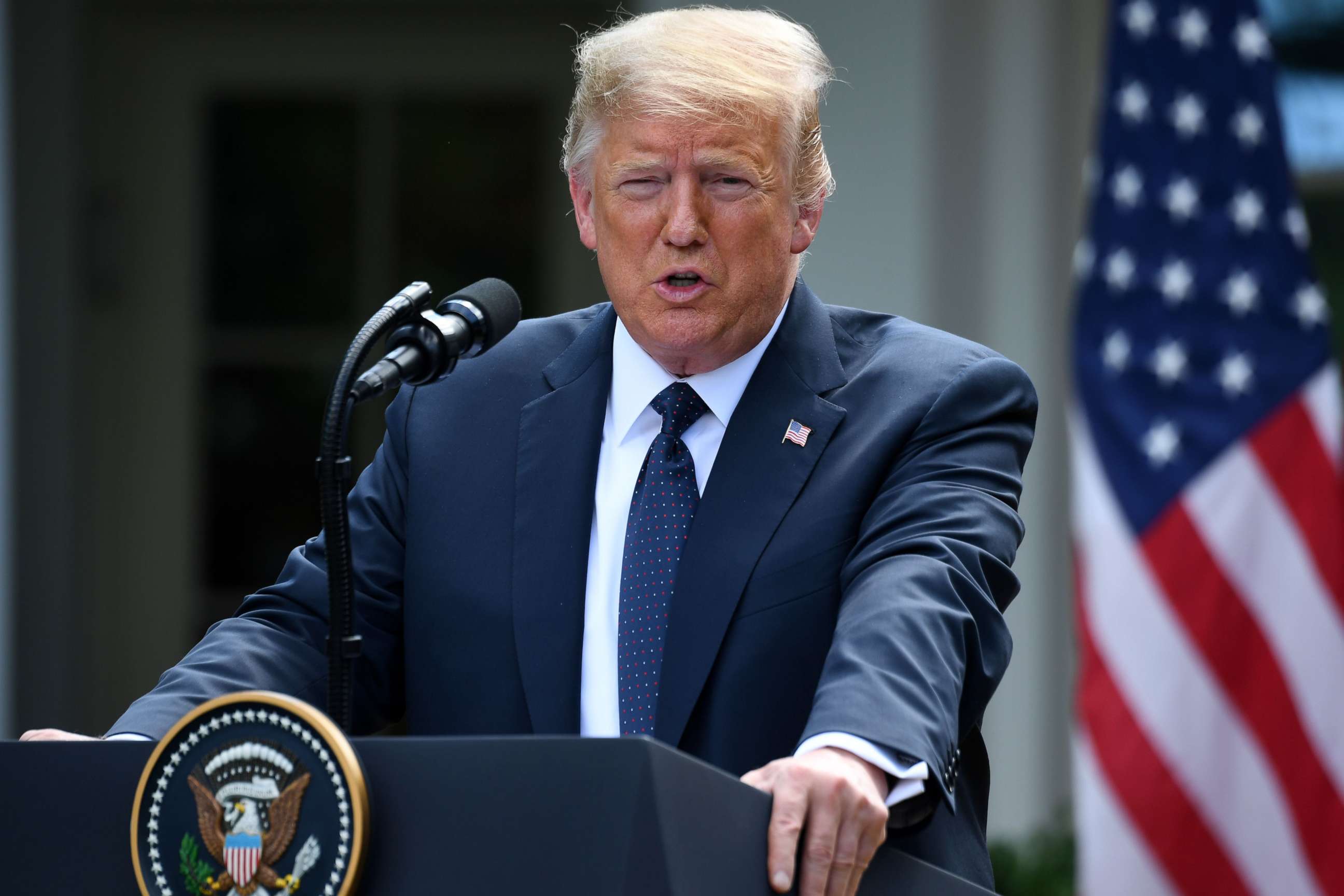 PHOTO: President Donald Trump speaks during a joint press conference with Polish President Andrzej Duda in the Rose Garden of the White House in Washington, June 24, 2020.