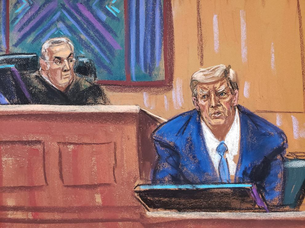PHOTO: Former President Donald Trump testifies as he takes the stand watched by U.S. District Judge Lewis Kaplan during a civil trial at Manhattan Federal Court in New York City, Jan. 25, 2024, in this courtroom sketch. 