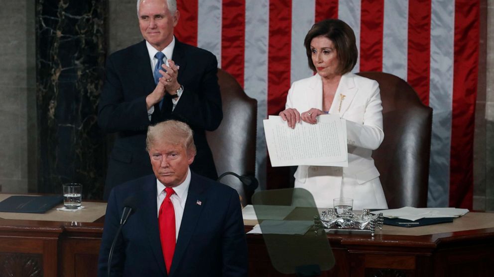 PHOTO: House Speaker Nancy Pelosi, prepares to rip up papers after President Donald Trump delivers a State of the Union address to a joint session of Congress at the Capitol, Feb. 4, 2020. 