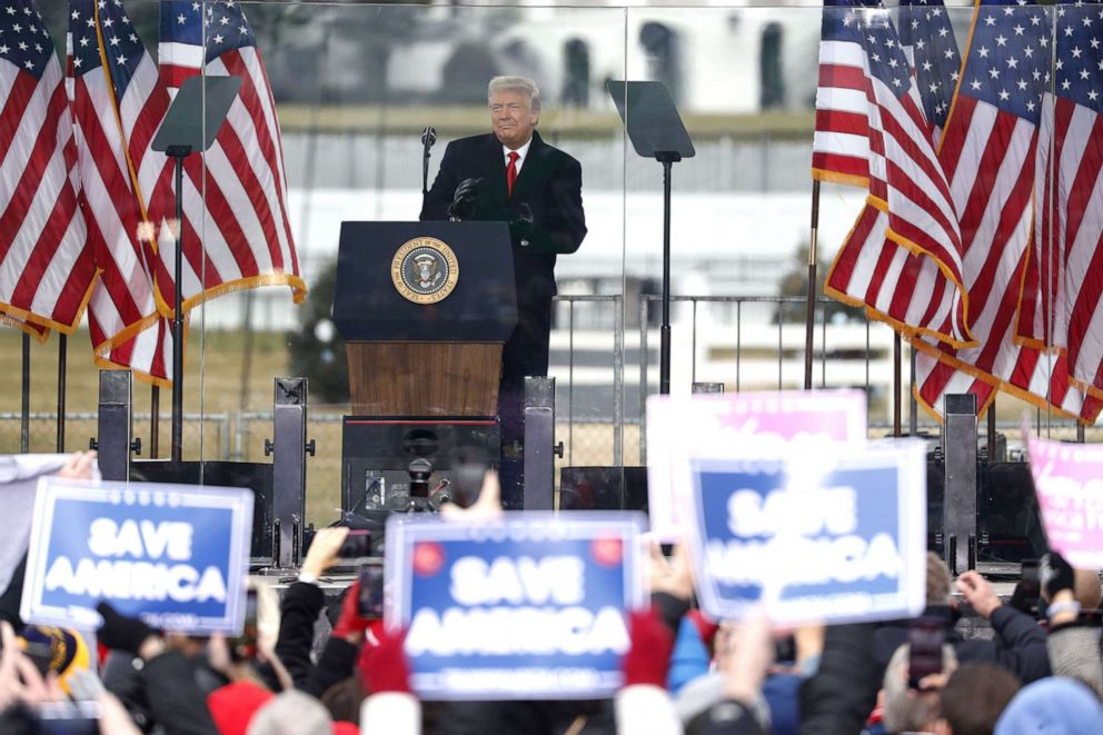 PHOTO: President Donald Trump speaks during a "Save America Rally" near the White House in Washington, D.C., Jan. 6, 2021.