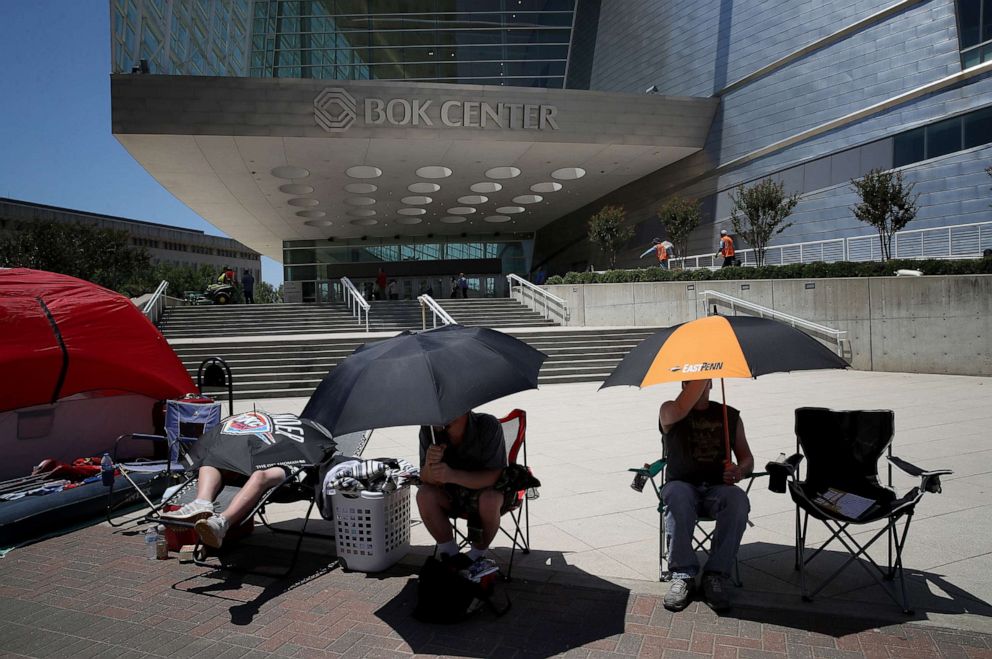 PHOTO: Trump supporters camp out next to the BOK Center, site of President Donald Trump's first political rally since the start of the coronavirus pandemic, June 18, 2020, in Tulsa, Okla.