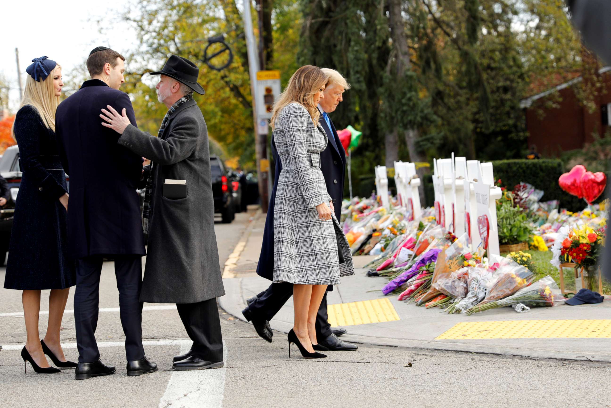 PHOTO: President Donald Trump and first lady Melania Trump pay their respects outside the Tree of Life synagogue in Pittsburgh, Pennsylvania, Oct. 30, 2018.