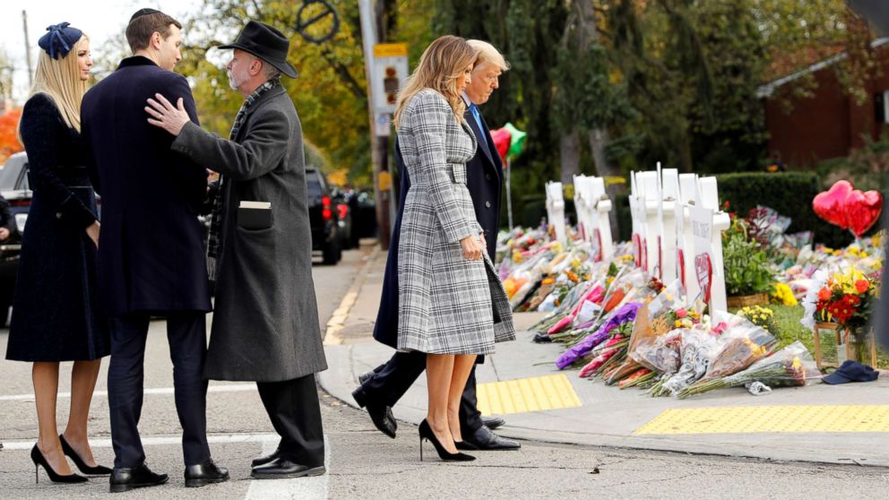 PHOTO: President Donald Trump and first lady Melania Trump pay their respects outside the Tree of Life synagogue in Pittsburgh, Pennsylvania, Oct. 30, 2018.