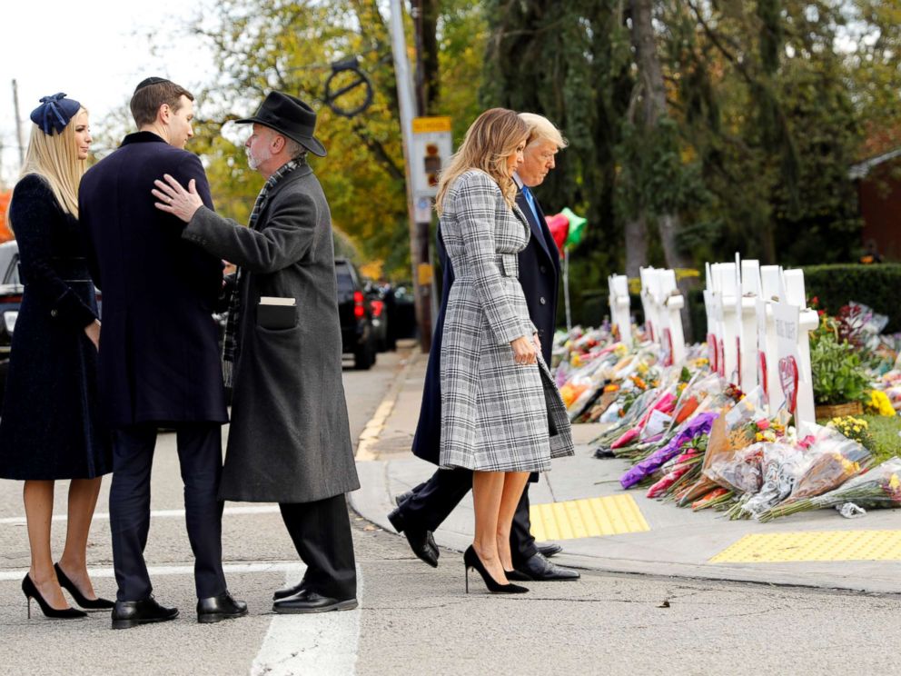 PHOTO: President Donald Trump and first lady Melania Trump pay their respects outside the Tree of Life synagogue in Pittsburgh, Pennsylvania, Oct. 30, 2018.