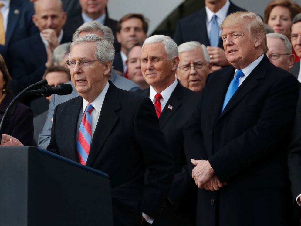 PHOTO: Senate Majority Leader Mitch McConnell speaks as President Donald Trump, Vice President Mike Pence and Congressional Republicans gathered to celebrate passage of sweeping tax overhaul legislation on the South Lawn of the White House, Dec. 20, 2017.