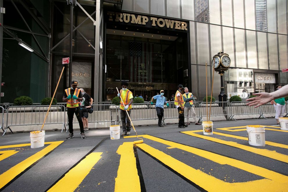 PHOTO: Black Lives Matter is painted on Fifth Avenue in front of Trump Tower, July 9, 2020, in New York.