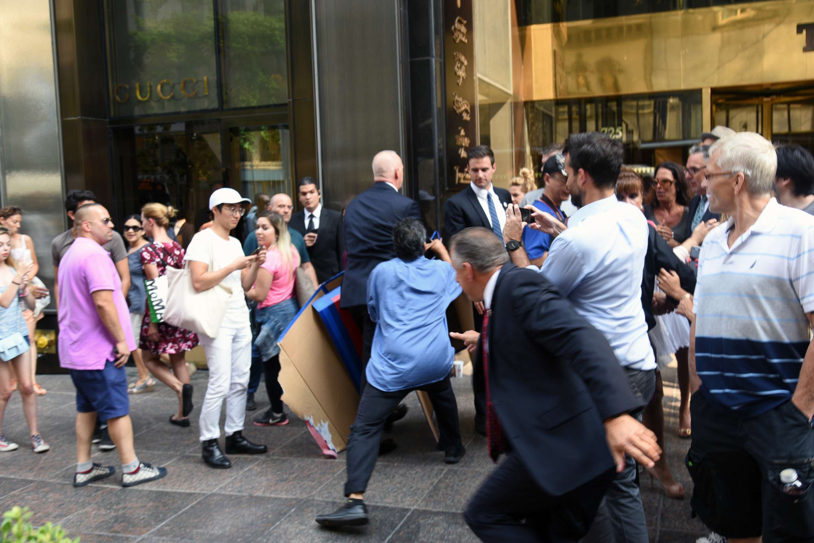 PHOTO: In this Sep. 3, 2015 file photo Trump's director of security and longtime bodyguard Keith Schiller with demonstrator Efrain Galicia (blue shirt) at Trump Tower, New York.