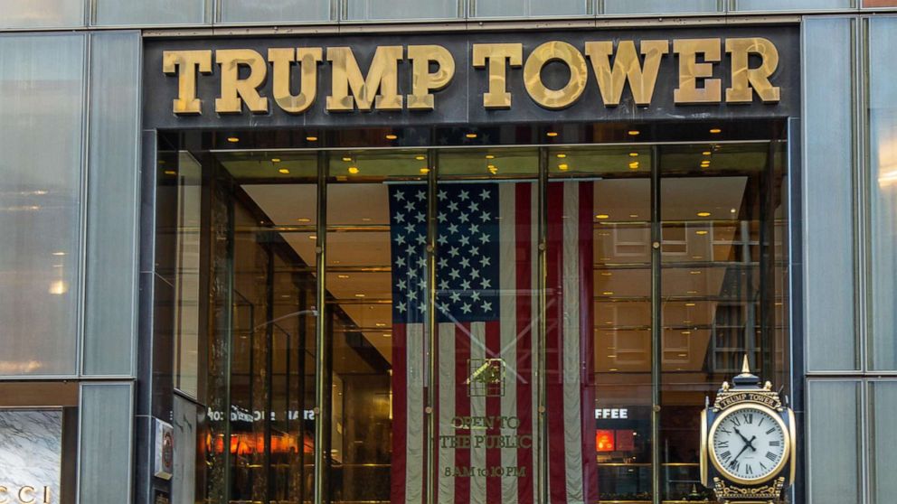 PHOTO: In this Feb. 13, 2020, file photo, a NY taxi passes in front of the main entrance of Trump Tower in New York.