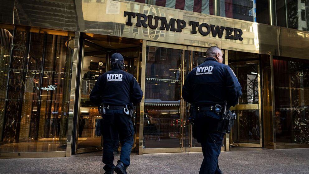 PHOTO: Members of the NYPD Counterterrorism unit patrol outside Trump Tower on Fifth Avenue April 3, 2023 in New York City.