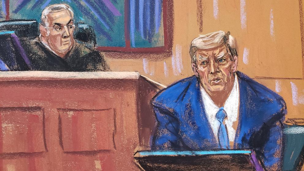 PHOTO: Former President Donald Trump testifies as he takes the stand watched by U.S. District Judge Lewis Kaplan during the second civil trial at Manhattan Federal Court in New York City, Jan. 25, 2024 in this courtroom sketch.
