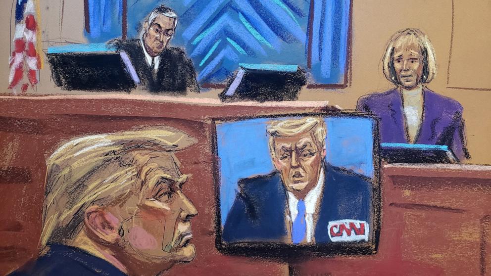PHOTO: E. Jean Carroll testifies before Judge Lewis Kaplan as former President Donald Trump watches footage of himself, during the second civil trial at Manhattan Federal Court in New York, on Jan. 17, 2024, in this courtroom sketch.