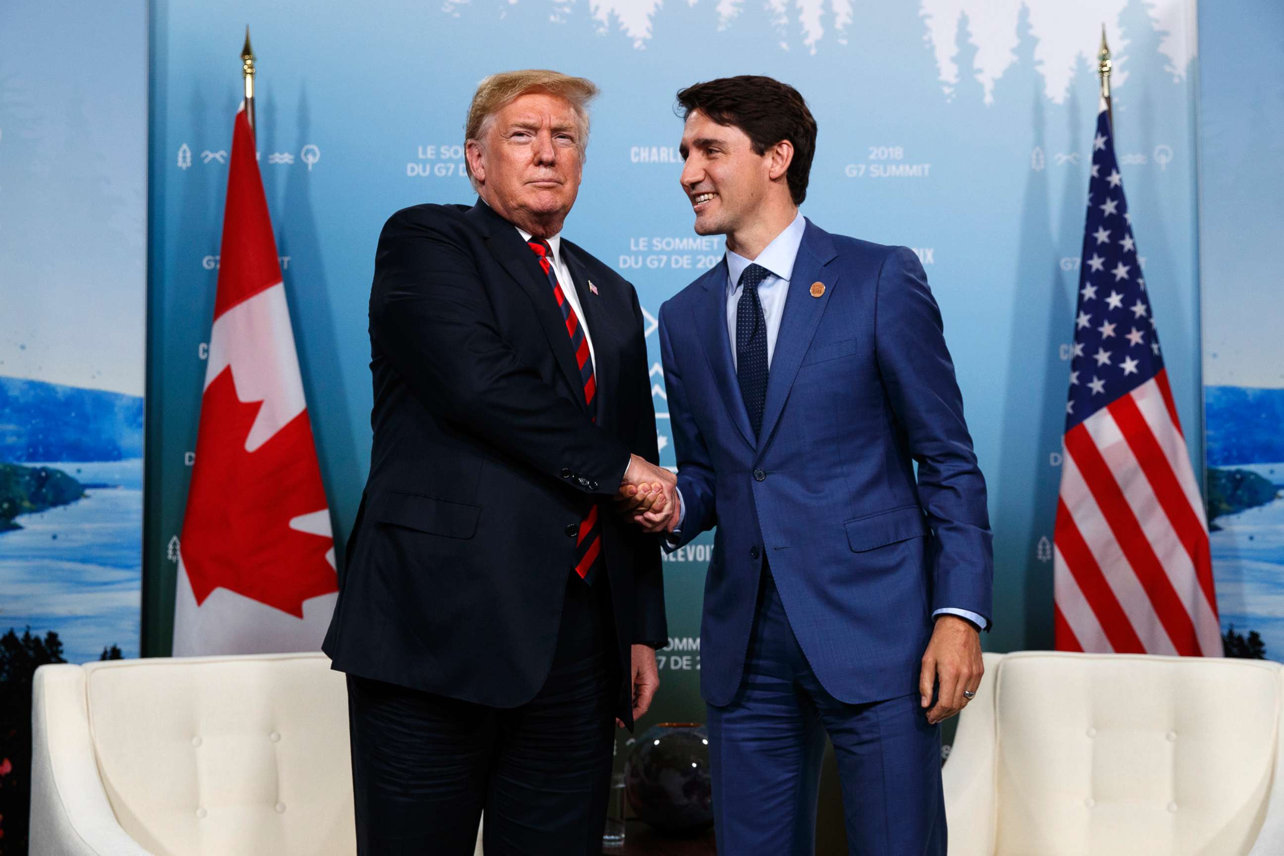 PHOTO: President Donald Trump meets with Canadian Prime Minister Justin Trudeau during the G-7 summit on June 8, 2018, in Charlevoix, Canada.