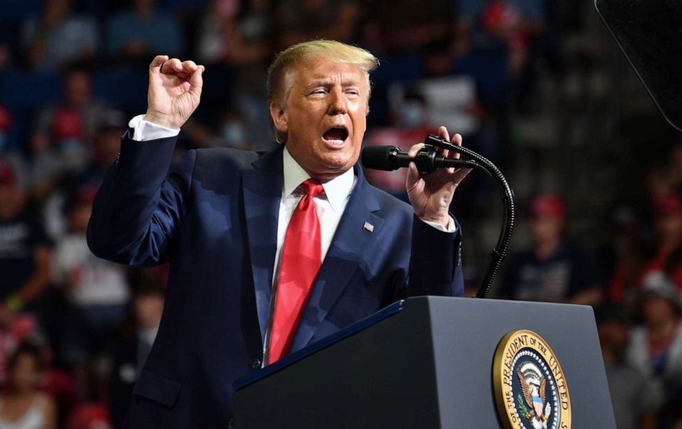 PHOTO: US President Donald Trump speaks during a campaign rally at the BOK Center on June 20, 2020 in Tulsa, Oklahoma. 