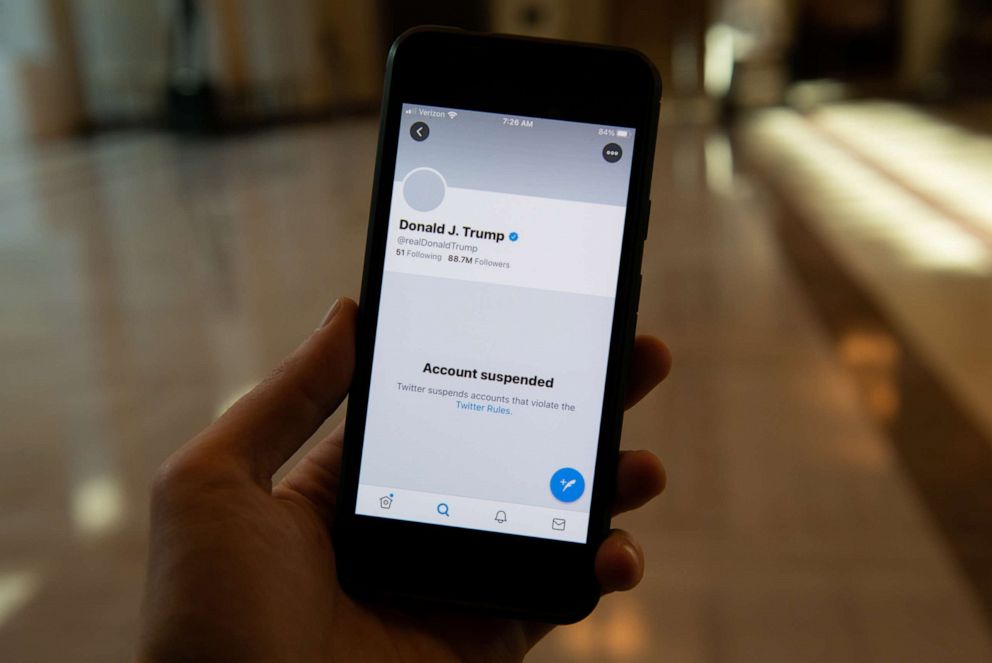 PHOTO: In this Jan. 9, 2021, file photo, the suspended Twitter Inc. account of President Donald Trump is shown on a smart phone in Washington, D.C.