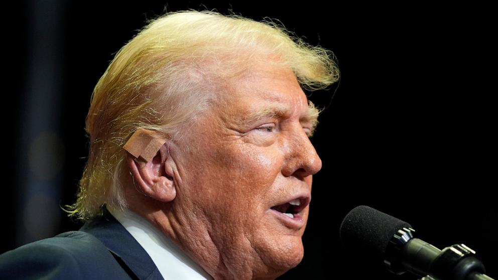 PHOTO: Republican presidential candidate former President Donald Trump speaks at a campaign rally, July 20, 2024, in Grand Rapids, Mich.