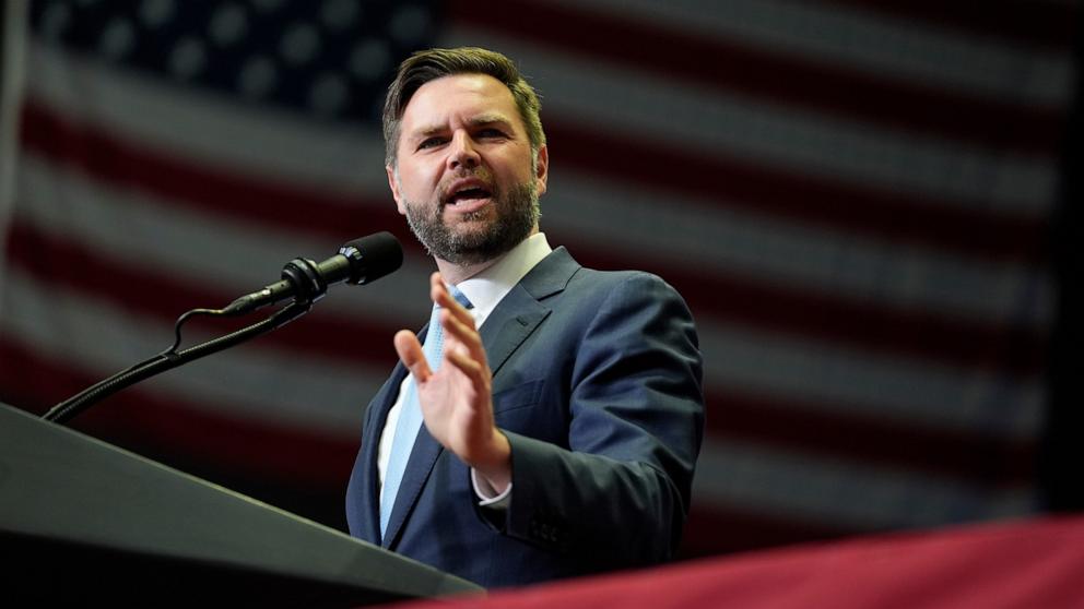 PHOTO: Republican vice-presidential candidate, Sen. J.D. Vance speaks during a campaign rally, July 20, 2024, in Grand Rapids, Mich.