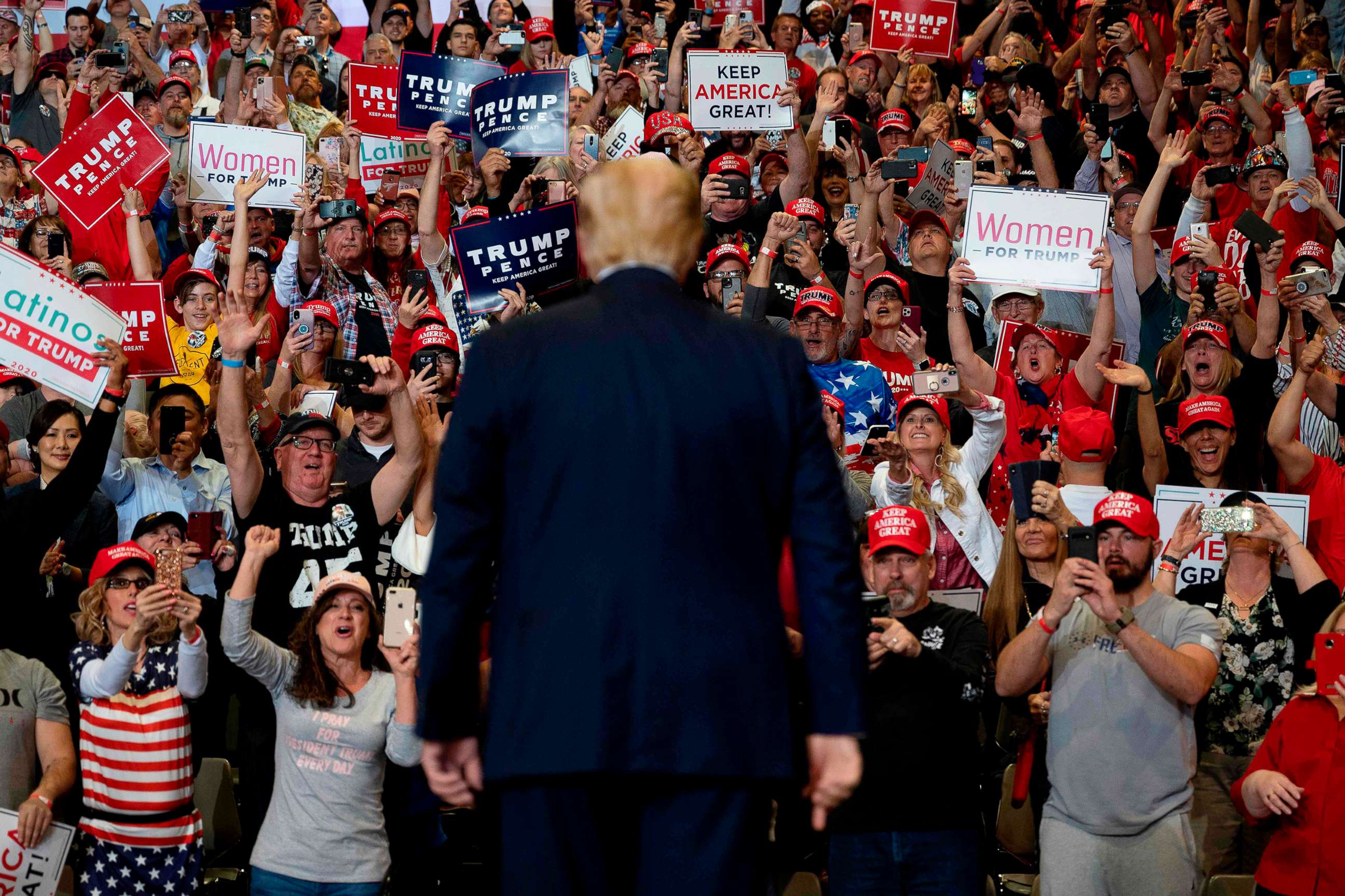 PHOTO: Supporters cheer as President Donald Trump arrives to deliver remarks at a Keep America Great rally in Las Vegas on Feb. 21, 2020.