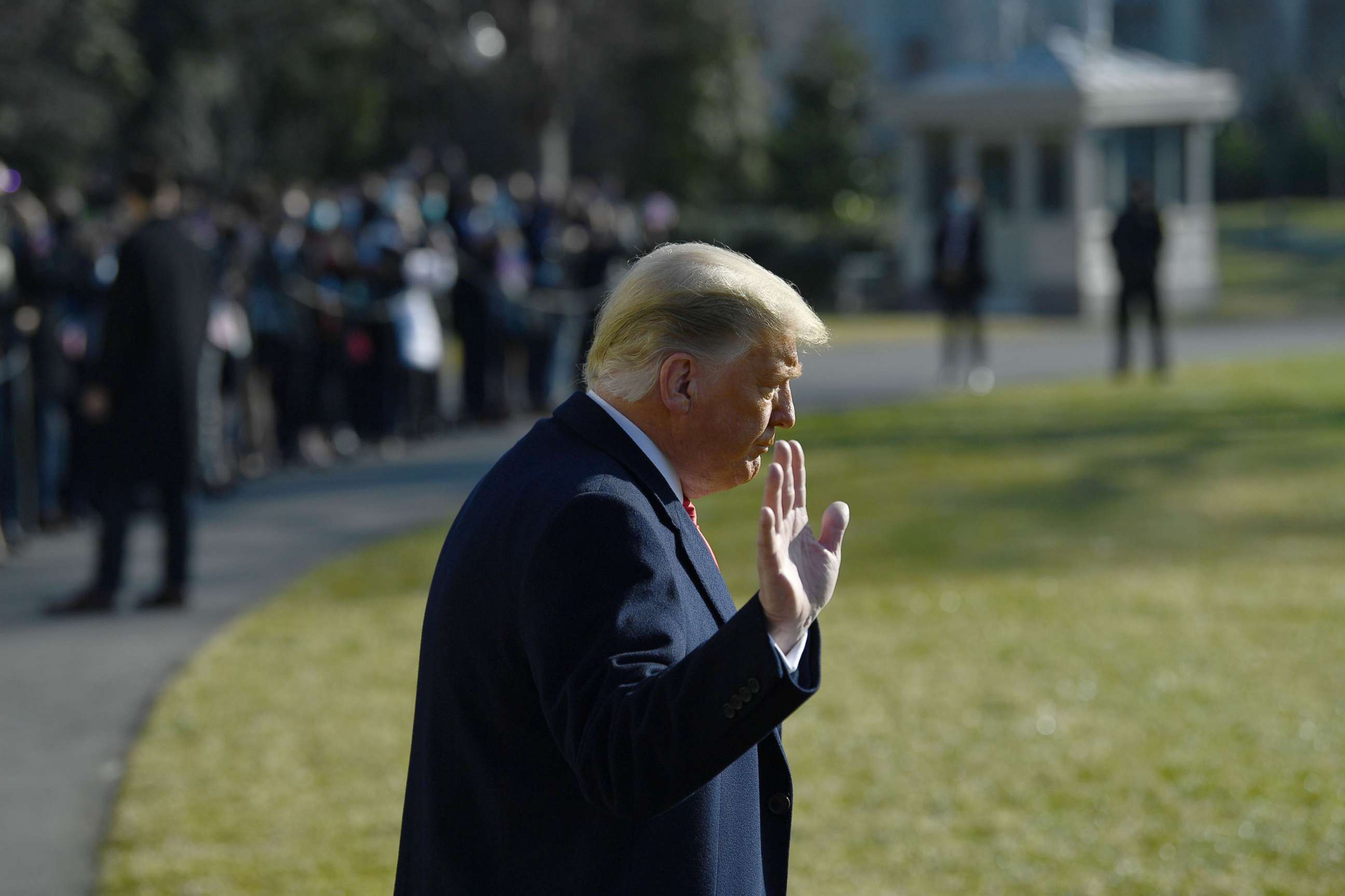 PHOTO: In this Jan. 12, 2021, file photo, President Donald Trump waves to the media outside the White House Washington, D.C., before his departure to Alamo, Texas.