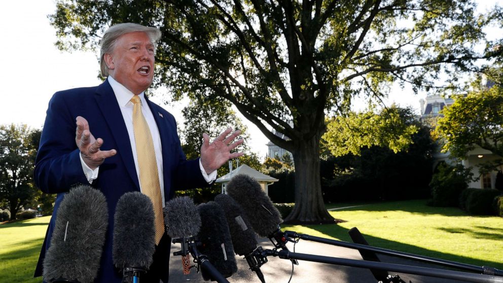 PHOTO: President Donald Trump speaks with reporters on the South Lawn of the White House in Washington, Oct. 11, 2019, before departing for a campaign rally in Lake Charles, La.