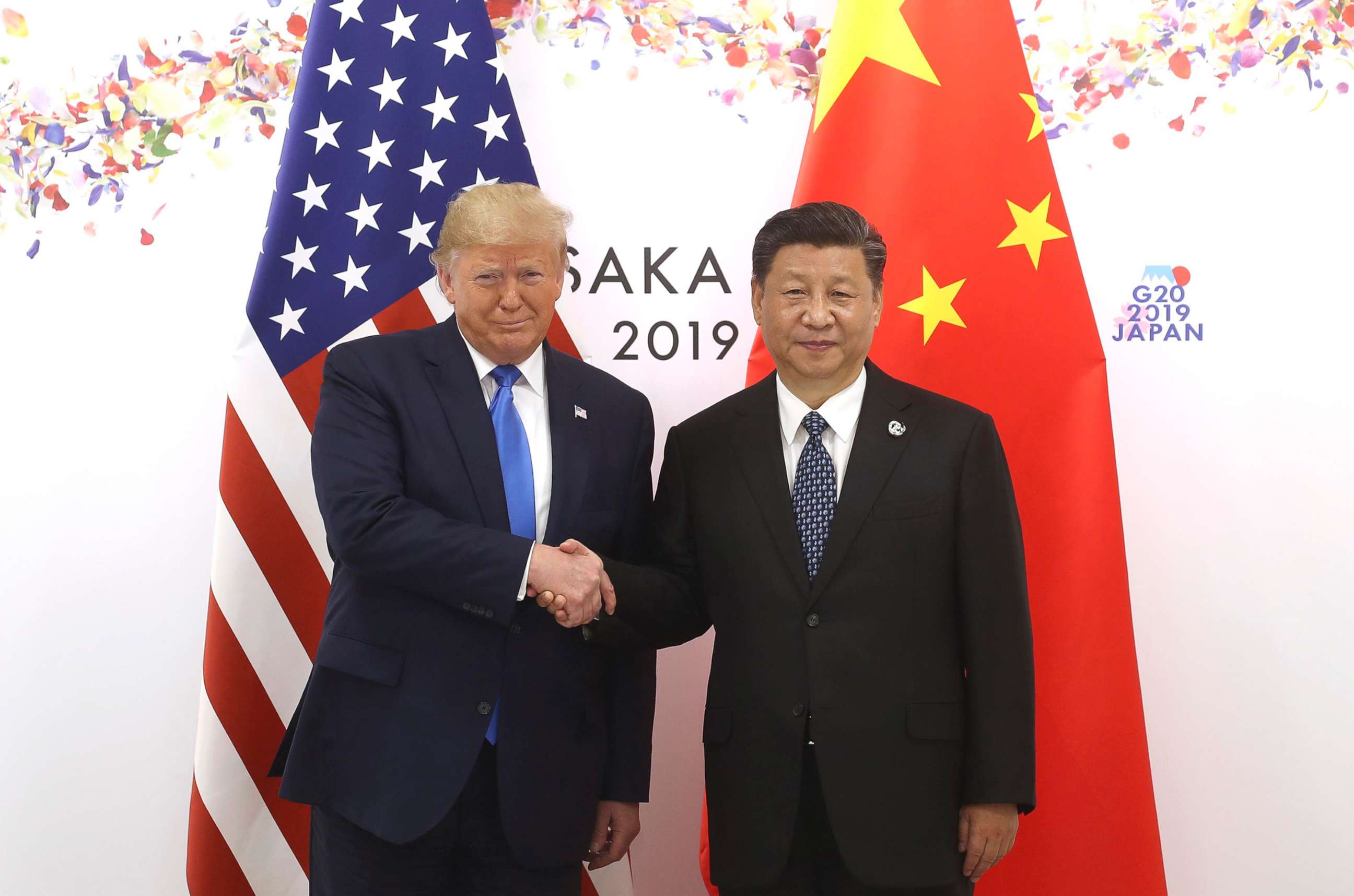 PHOTO: Chinese President Xi Jinping shakes hands with President Donald Trump before a bilateral meeting during the G20 Summit on June 29, 2019, in Osaka, Japan.