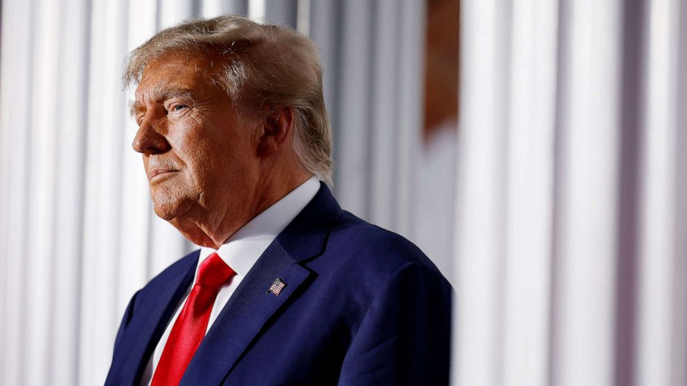 PHOTO: Former U.S. President Donald Trump prepares to speak at the Trump National Golf Club on June 13, 2023 in Bedminster, N.J.
