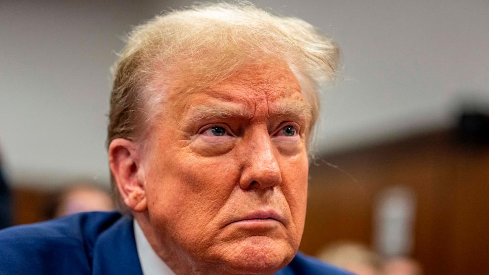 PHOTO: Former President Donald Trump sits inside Manhattan Criminal Court on May 2, 2024.